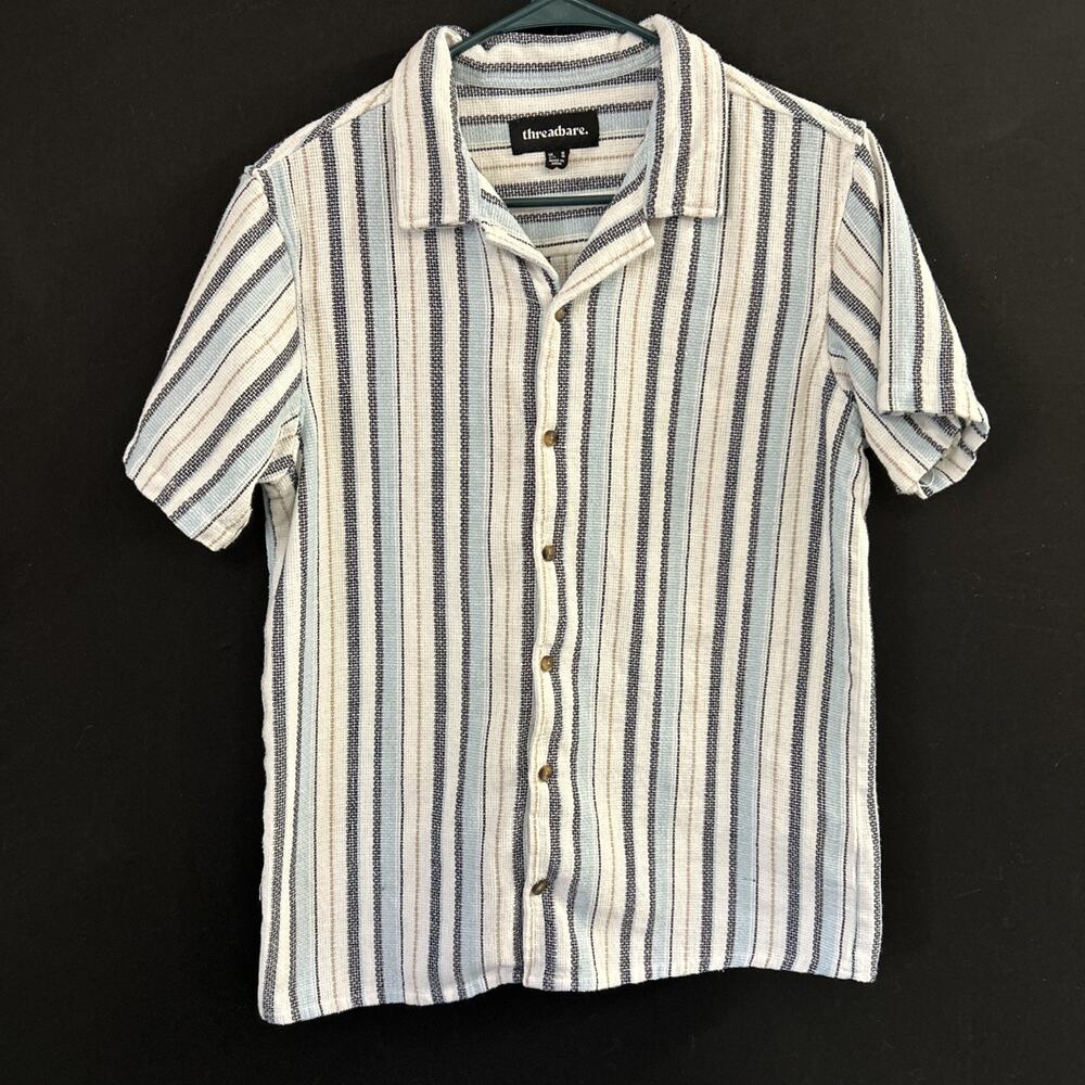 Threadbare Women's Short Sleeve Button Down Shirt M Woven Knit Cotton Blend Blue